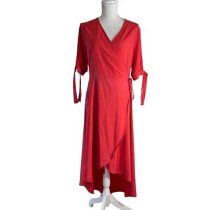 TopShop Coral High Low Wrap Dress Size 10 V Neck Short Sleeves Solid Pattern